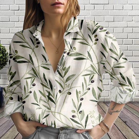 Olive Branch Women's Blouse Shirt Botanical Button-Up Minimal Nature Mediterranean Style Gift