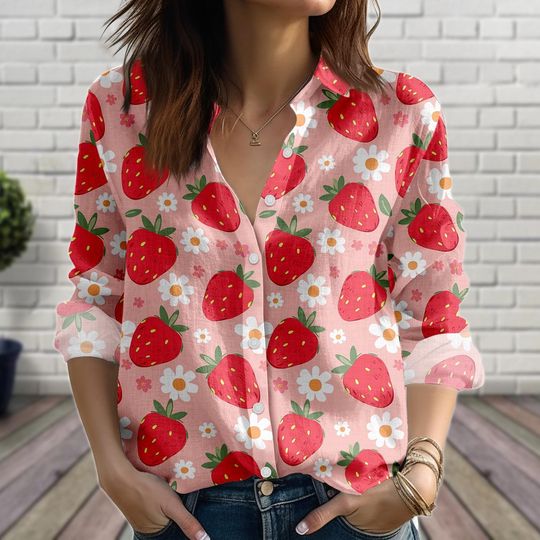 Discover Strawberry Linen-Look Shirt, Cute Fruit Blouse Shirt, Summer Button Up Top, Casual Blouse Women Shirt, Gift For Her, Women