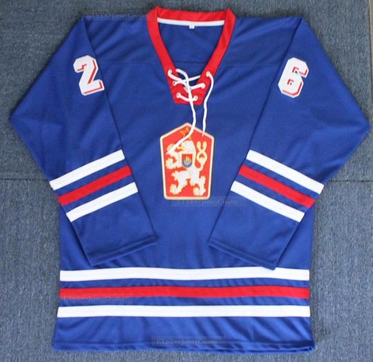 Discover Throwback Czech Republic #26 Nation Hockey Jersey Blue Top Sewn;Toddler/Youth/Adult;Custom Any Name Gifts jersey
