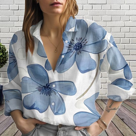 Discover Bold Blue Floral Linen-Look Shirt, Flower Blouse Women Shirt, Lightweight Casual Vacation Top, Artistic Floral Blouse Shirt, Gift For H