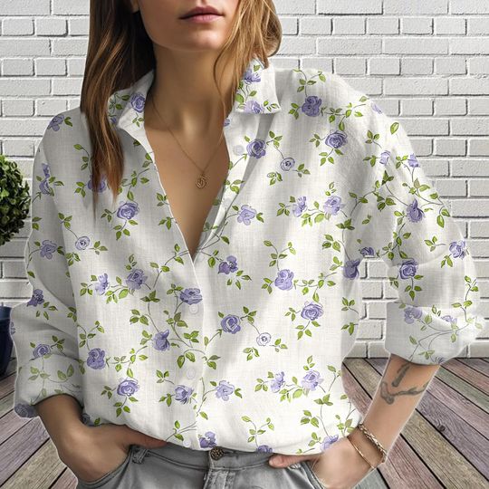 Discover Purple Rose Linen-Look Shirt, Floral Blouse Shirt, Soft Blouse Women Shirt, Purple Rose Floral Shirt, Romantic Spring Summer Top