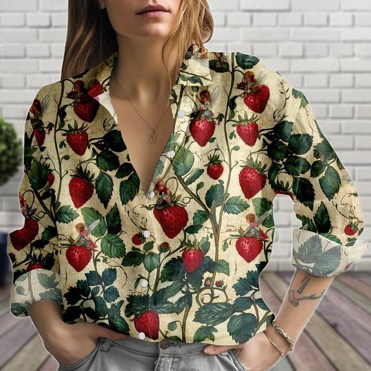 Discover Vintage Strawberry Blouse Shirt, Fairycore Botanical Button Up, Cottagecore Linen-Look Shirt, Blouse Women Shirt, Gift For Her