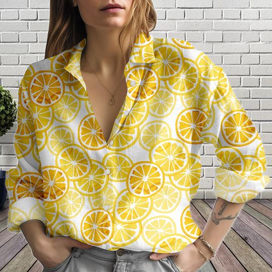 Discover Yellow Citrus Print Women's Blouse Shirt, Casual Summer Top, Vacation Button-Up