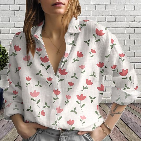 Discover Women's Tulip Blouse Shirt, Minimal Floral Button-Up, White Summer Top, Casual Elegant Vintage Blouse