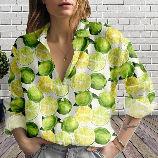 Lime Women's Blouse Shirt, Citrus Fruit Button Up Top, Lemon Summer Casual Top