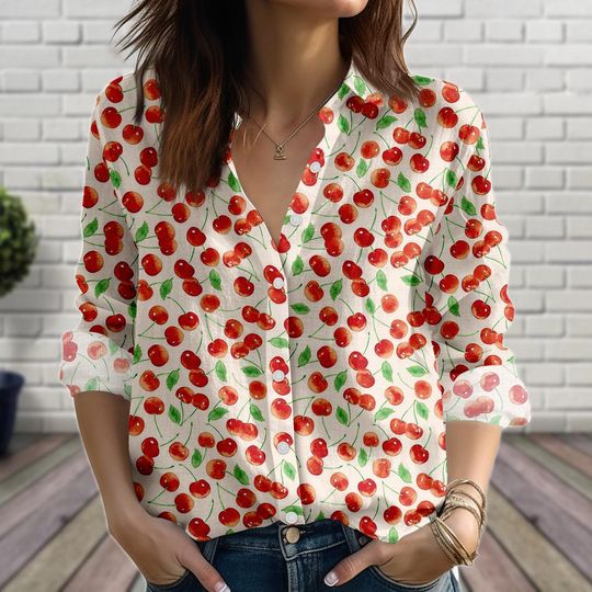 Discover Cherry Blouse Shirt, Fruit  Look Summer Top, Casual Cottagecore Women's Button-Up Blouse