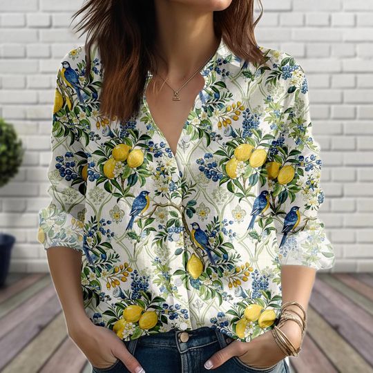 Lemon Botanical Shirt, Vintage Fruit Bird Blouse, Summer Button-Up Top for Women
