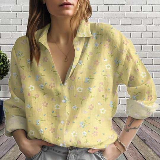 Discover Yellow Floral Button-up Blouse for Women, Casual Summer Top, Vintage Floral Shirt