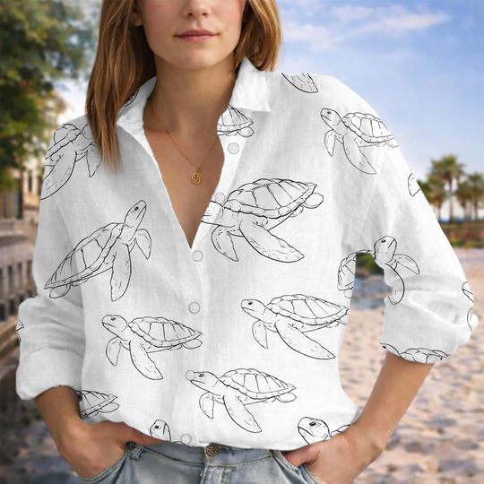 Discover Sea Turtle  Shirt for Women, Ocean Print Button-Up Blouse, Summer Beach Top, Coastal Vacation T-Shirt