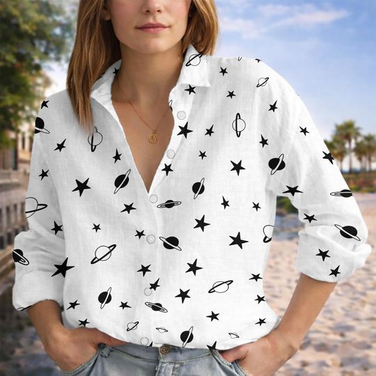 Discover Star Planet Hawaiian Shirt, Galaxy Aesthetic Shirt, Minimalist Space Shirt, Black White Button Up Shirt, Cosmic Summer Vacation Shirt