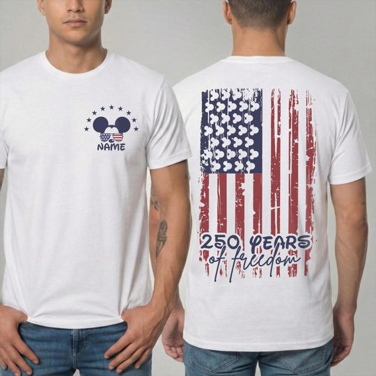 Discover 250 Years Freedom Shirt Mickey or Minnie USA Flag Pocket Custom Name 2026 Semiquincentennial