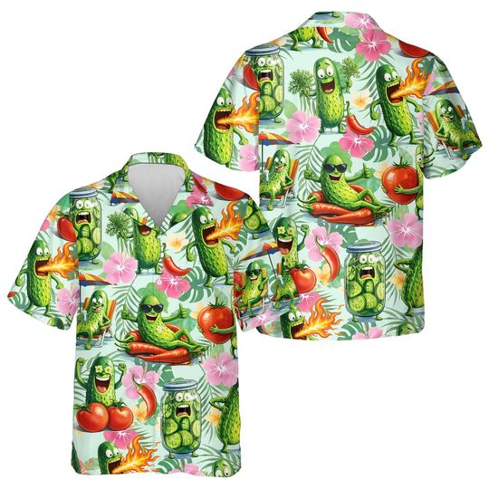 Discover Funny Pickle Hawaiian Shirt with Cartoon Cucumber Print, Spicy Food Party Button-Up for Summer