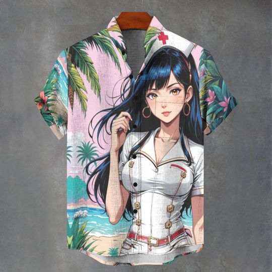 Discover Anime Nurse Cartoon Hawaiian Button-Up Shirt Men Tropical Print Retro Hawaiian Style Shirt