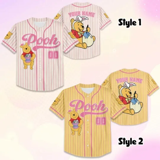 Discover Personalized Pooh Bear Bunny Ears Happy Easter 2026 Baseball Jersey Shirt