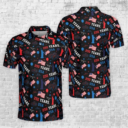 Discover America 250 Years Polo Shirt USA 250th Anniversary Patriotic Flag Statue of Liberty Independence Day