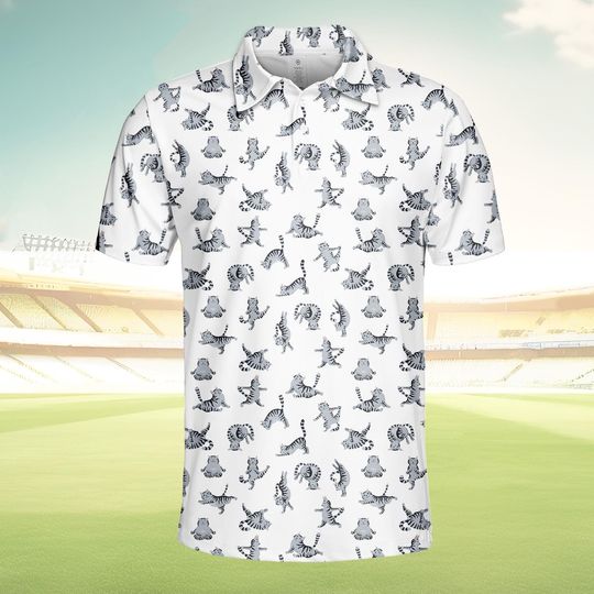 Discover Funny Cat Golf Polo Shirt for Men Women, Cute Yoga Golfing Cat Shirt, Animal Lovers Golfer Gift, Summer Polo Shirt