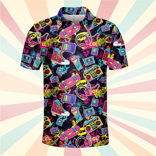 Discover Retro 80s Pop Art Polo Shirt for Men Women, Neon Cassette Skateboard Headphone Shirt, Vintage 90s Party Button-Up Golf Shirt