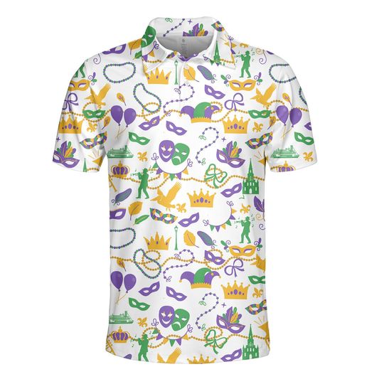 Discover Mardi Gras Polo Shirt for Men and Women, Purple Carnival Mask & Beads Pattern, Festival Celebration Polo