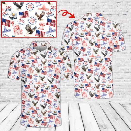 Discover America 250 Years Patriotic Polo Shirt with Flag and Eagle Design for Independence Day