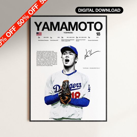 Discover Yoshinobu Yamamoto Poster, MLB Wall Print, Los Angeles Dodgers Wall Print, Baseball Digital Download, MLB Athlete Print, Baseball Room Gift