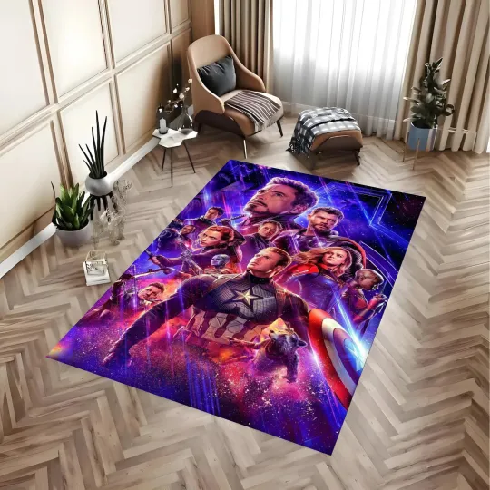 Discover Superpower Alliance Neon Area Rug - Purple Galaxy Hero Collage Carpet