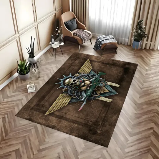 Discover Grimdark Gothic Crest Area Rug - Ancient Warrior Emblem Floor Art