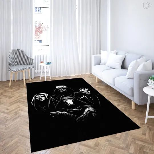 Discover Dark Side Mask Trio Rug - Minimalist Sketch Art Galactic Villain Carpet