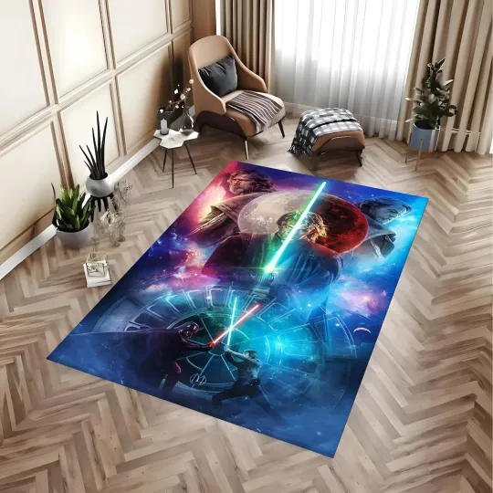 Discover Cosmic Duelist Area Rug - Heroic Knight vs Dark Lord Saber Battle Art