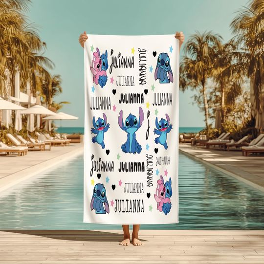 Discover Personalized Stitch Beach Towel, Custom Name Kids Towel