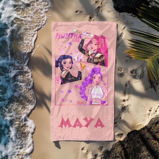 Discover Custom Kpop Girls Beach Towel,Personalized Huntrix Pool Towel with Name,Kids Beach Gift,Kpop Demon Anime Art Beach Gift,Anime Girl Power Art