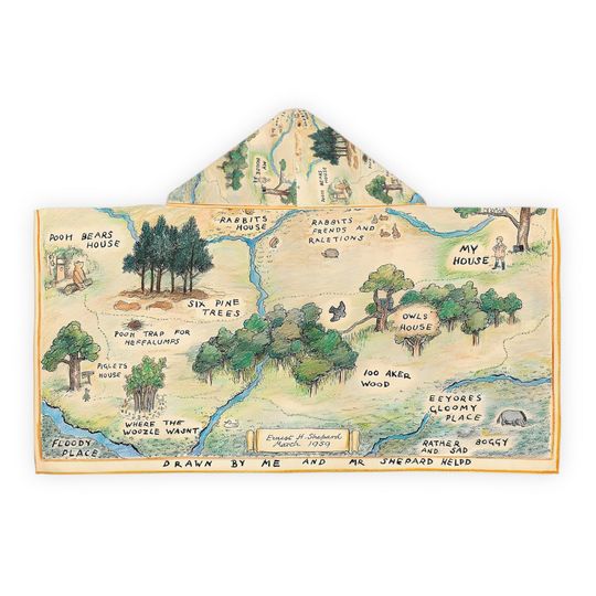 Winnie the Pooh Hooded Towel Youth Bath Towel Hundred Acre Wood Map Kids Disney Swim Towel