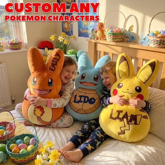 Personalized Easter Bunny Family Plush Pillow, Custom Pocket Monster Name Pillow, Easter Basket Gift, Kids PKM Pillow Gift for Boy or Girl