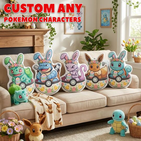 Discover Personalized Easter Bunny Family Plush Pillow, Custom Pocket Monsters Name Pillow, Easter Basket Gift, Kids PKM Pillow Gifts for Boy or Girl