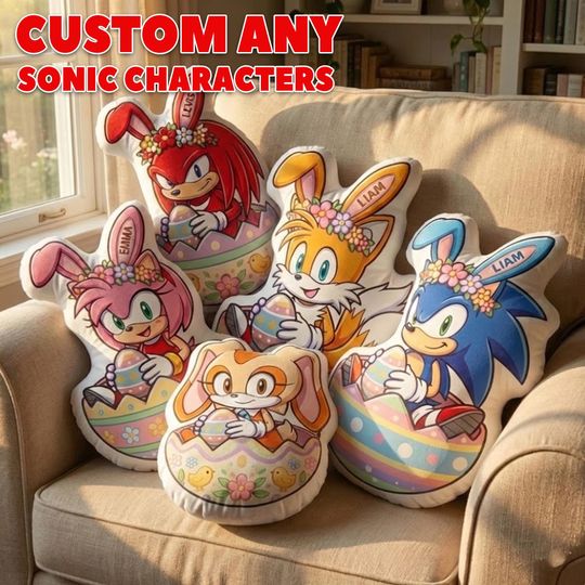 Custom Video Game Name Pillow, Personalized Easter Bunny Family Plush Pillow, Easter Basket Gift, Kids Sonic Pillow Gift for Boy or Girl