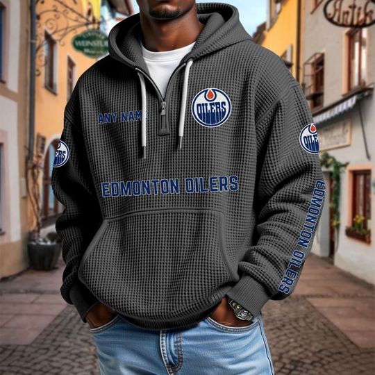 Edmonton Oilers Personalized Name Quarter Waffle Zip Hoodie