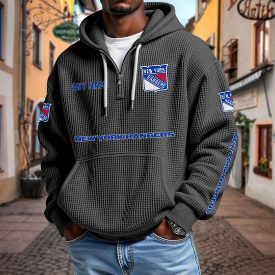 New York Rangers Personalized Name Quarter Waffle Zip Hoodie