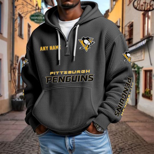 Discover Pittsburgh Penguins Personalized Name Quarter Waffle Zip Hoodie