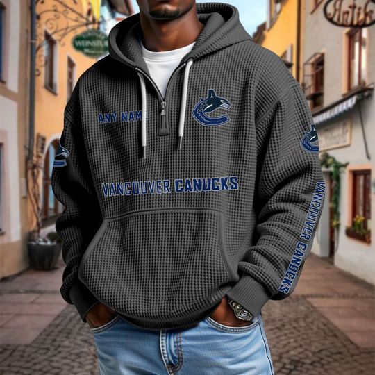 Vancouver Canucks Personalized Name Quarter Waffle Zip Hoodie
