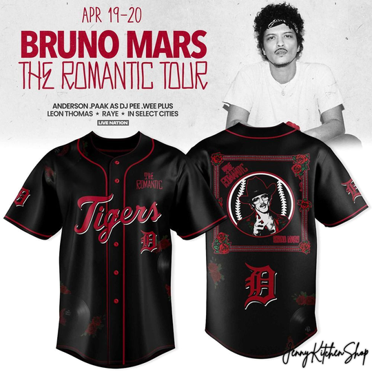 The Romantic Tour 2026 Detroit Tigers x Bruno Mars Baseball Jersey