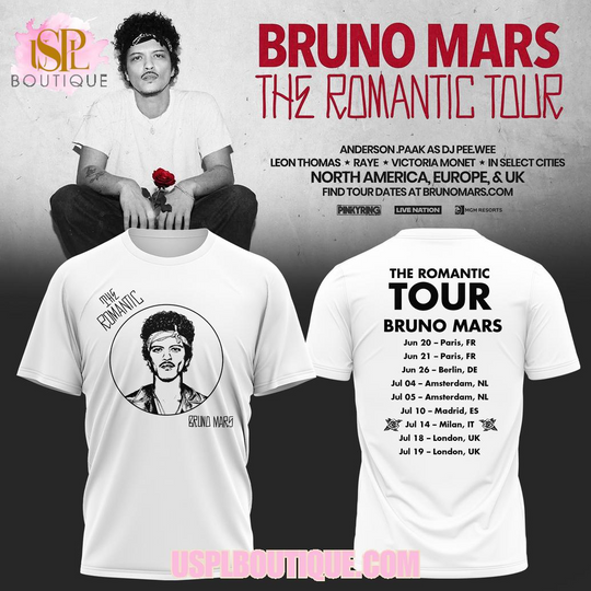 Discover Bruno Mars The Romantic Tour 2026 White T-Shirt