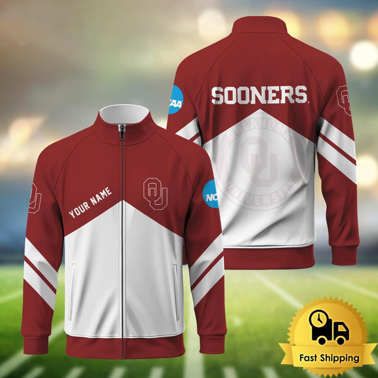 Oklahoma Sooners Logo Custom Standing Neck Zipper Jacket