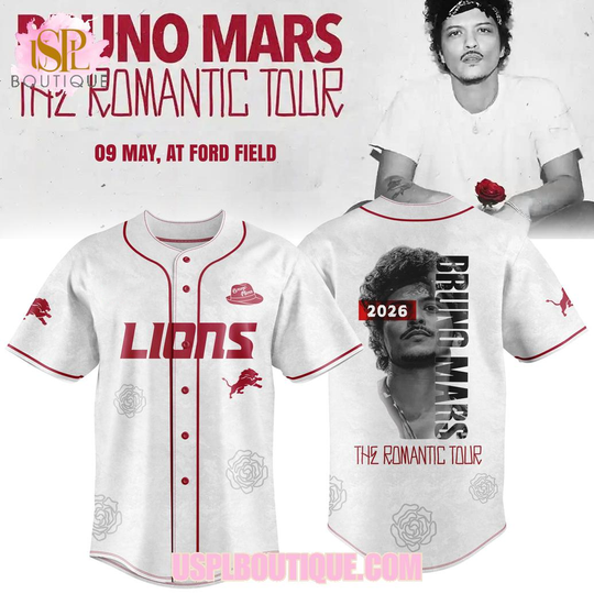 Detroit Lions x Bruno Mars The Romantic Tour 2026 Red Jersey