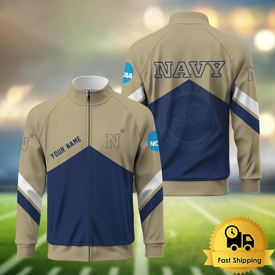 Navy Midshipmen Logo Custom Standing Neck Zipper Jacket