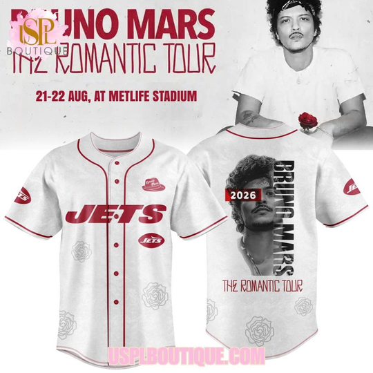 Discover New York Jets x Bruno Mars The Romantic Tour 2026 Red Jersey
