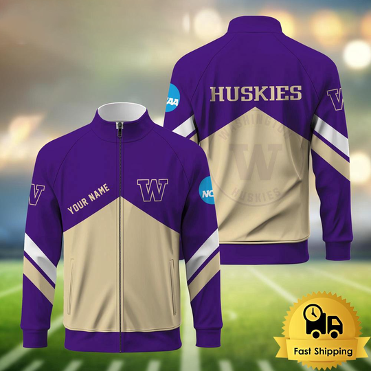 Washington Huskies Logo Custom Standing Neck Zipper Jacket