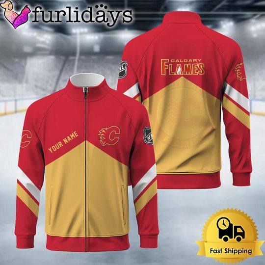 Calgary Flames Logo Custom Standing Neck Zipper Jacket