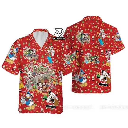 Discover Mickey Friends Epcot Christmas Disney Button Up Holiday Hawaiian Shirt