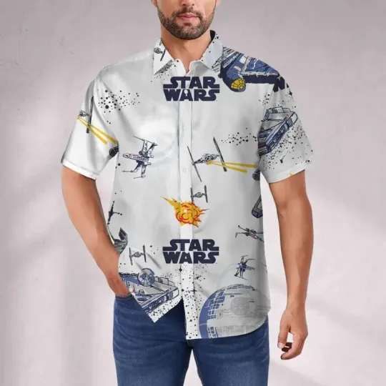 Discover Disney Star Wars Star Batltle Ships Vintage White Hawaiian Shirt