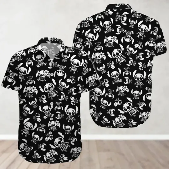 Discover Disney Stitch Skellington Halloween Black Hawaiian Shirt