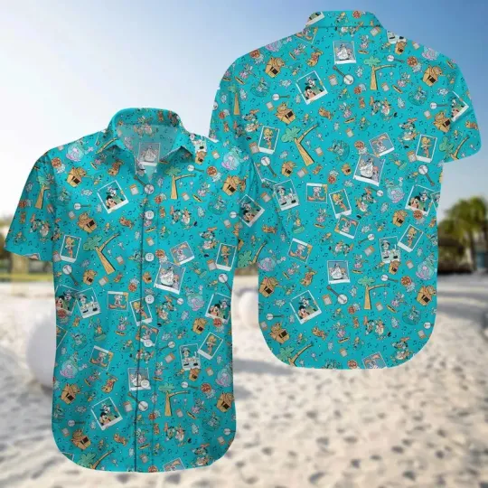 Disney A Goofy Max Roxanne Powerline Family Trip Teal Hawaiian Shirt